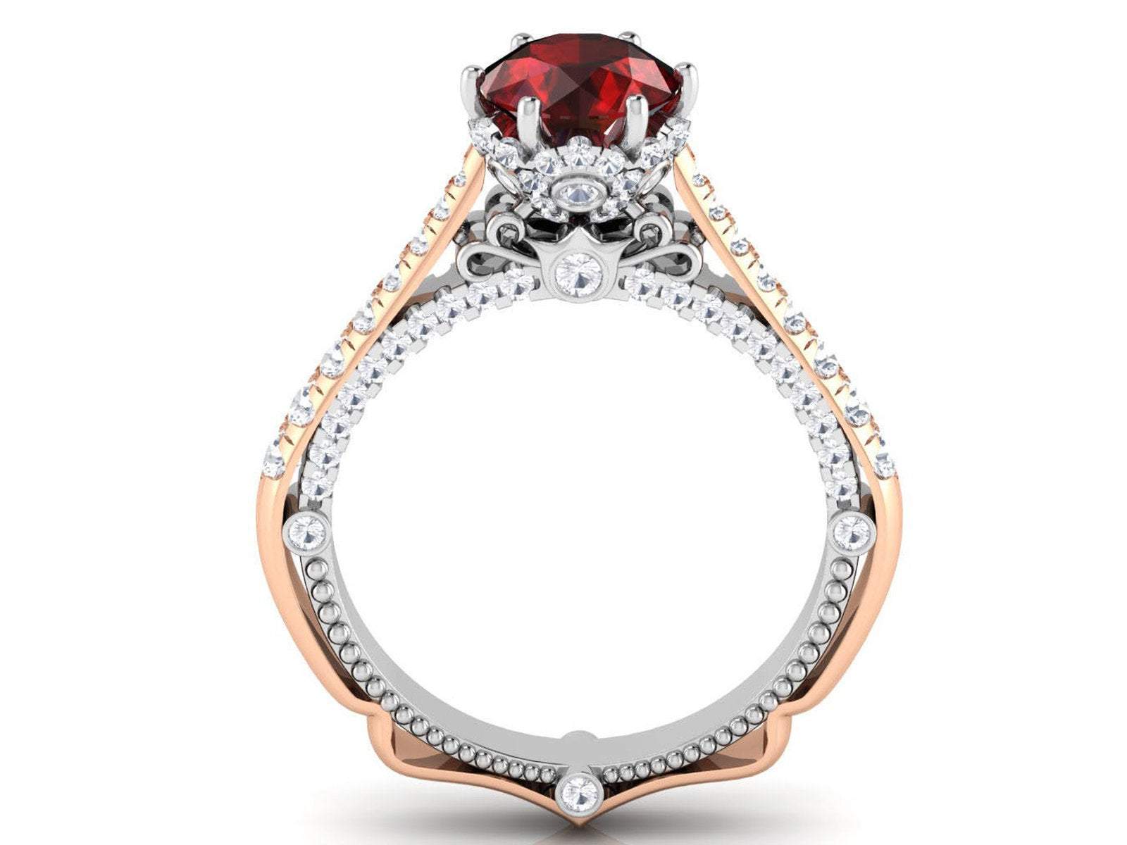 14K Gold 2 Tone Ruby Engagement Ring Milgrain Solitaire Ring 18K Solid Gold Contour Filigree Vintage Style