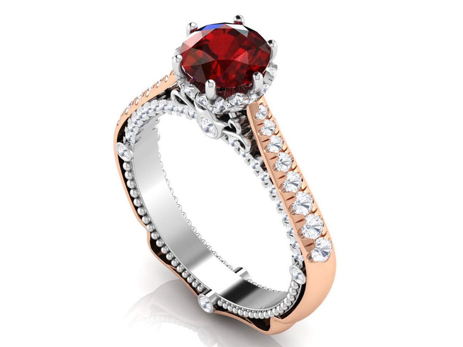 14K Gold 2 Tone Ruby Engagement Ring Milgrain Solitaire Ring 18K Solid Gold Contour Filigree Vintage Style - Lianne Jewelry