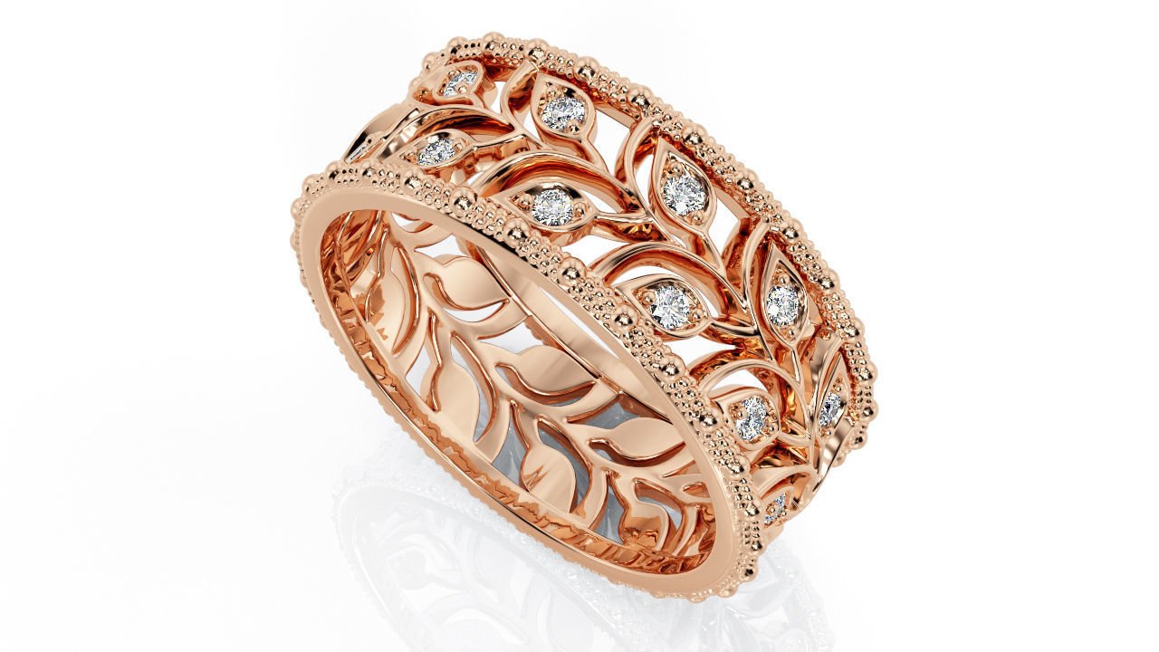 White gold Leaves Wedding Band Wide Band with Diamonds Leaf Floral Band Ring Birthday Gift Wedding Ring Band Milgrain - Lianne Jewelry