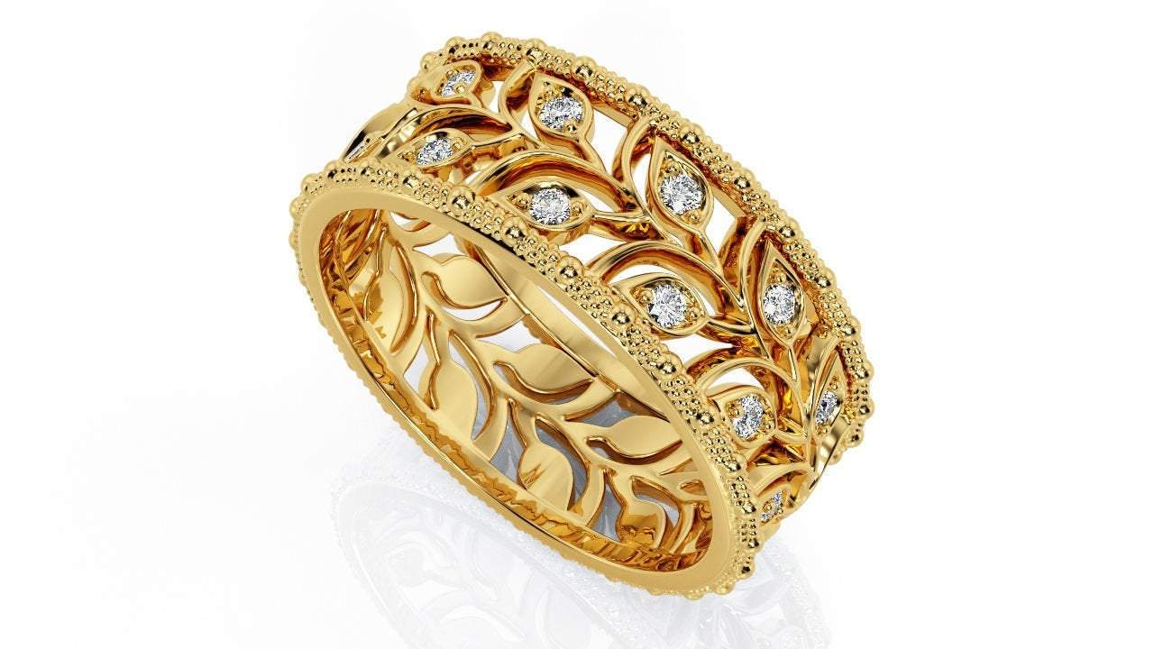 Wedding Band Milgrain Leaf gold Leaves Wedding Band Wide Band with Diamonds Leaf Floral Band Ring Birthday Gift Wedding Ring Band Milgrain