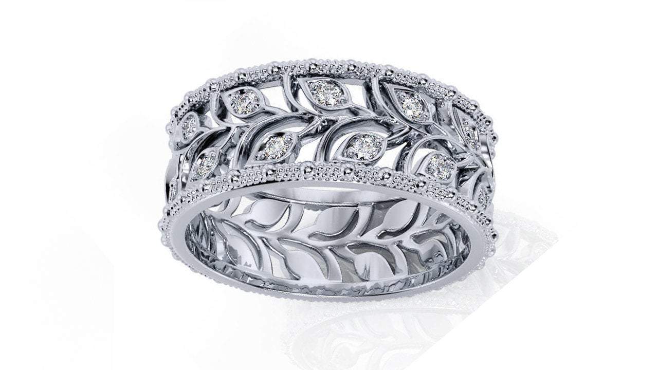 Wedding Band Milgrain Leaf gold Leaves Wedding Band Wide Band with Diamonds Leaf Floral Band Ring Birthday Gift Wedding Ring Band Milgrain