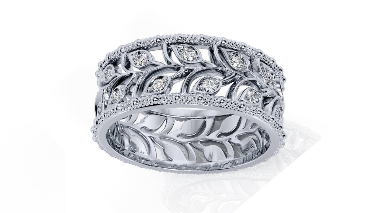 Rose gold Leaves Wedding Band Wide Band with Diamonds Leaf Floral Band Ring Birthday Gift Wedding Ring Band Milgrain