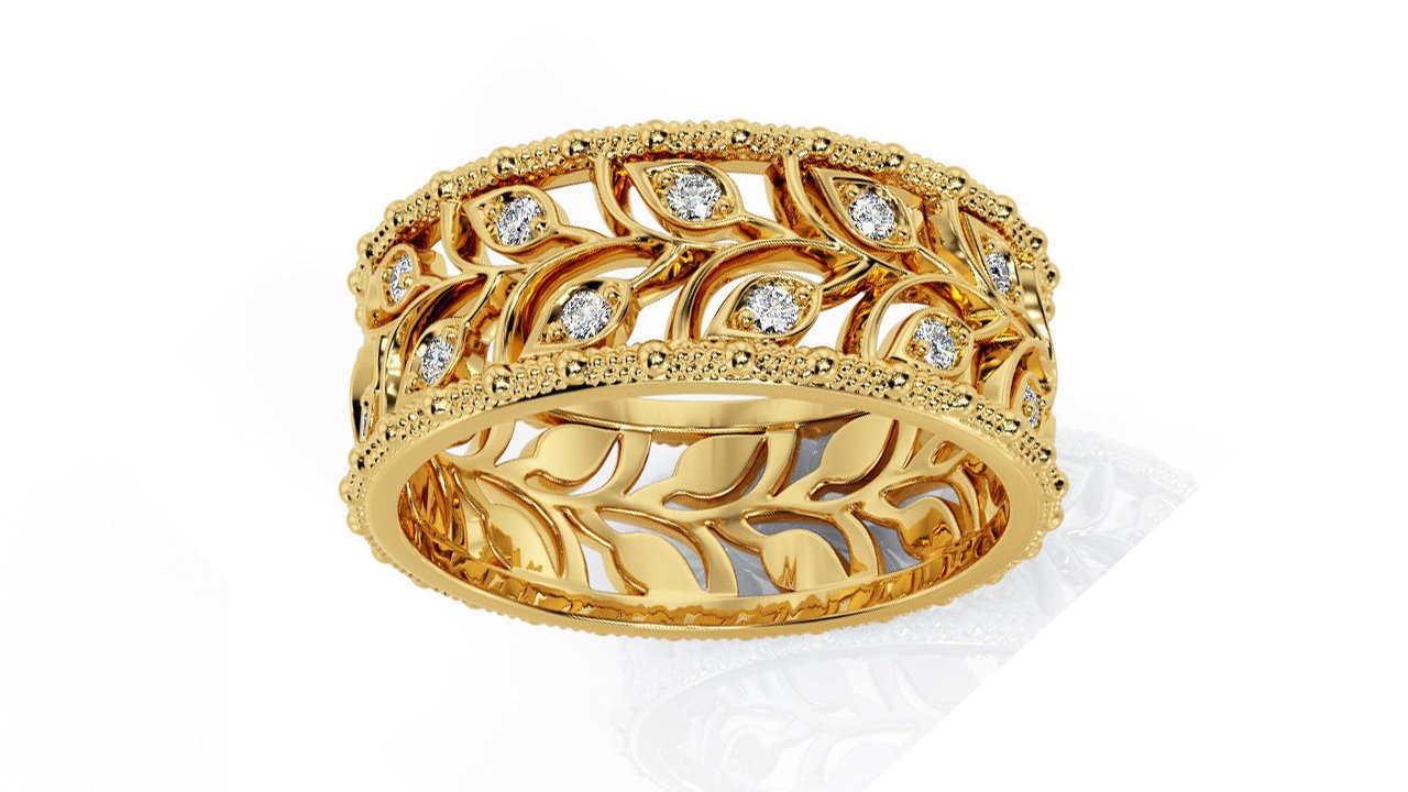 Rose gold Leaves Wedding Band Wide Band with Diamonds Leaf Floral Band Ring Birthday Gift Wedding Ring Band Milgrain