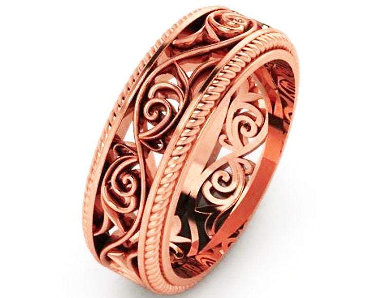 18K Rose Gold Filigree Band Plumeria Ring Filigree Band Milgrain wedding band Unique Ring