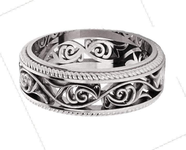 18K White Gold Filigree Band Plumeria Ring Filigree Band Milgrain wedding band Unique Ring - Lianne Jewelry