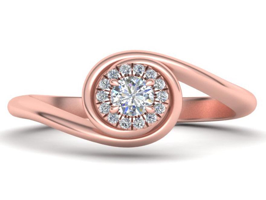 Solitaire Spiral Halo Ring 14K Gold Swirl Shank Unique Engagement Ring Curved Ring Sunflower Ring