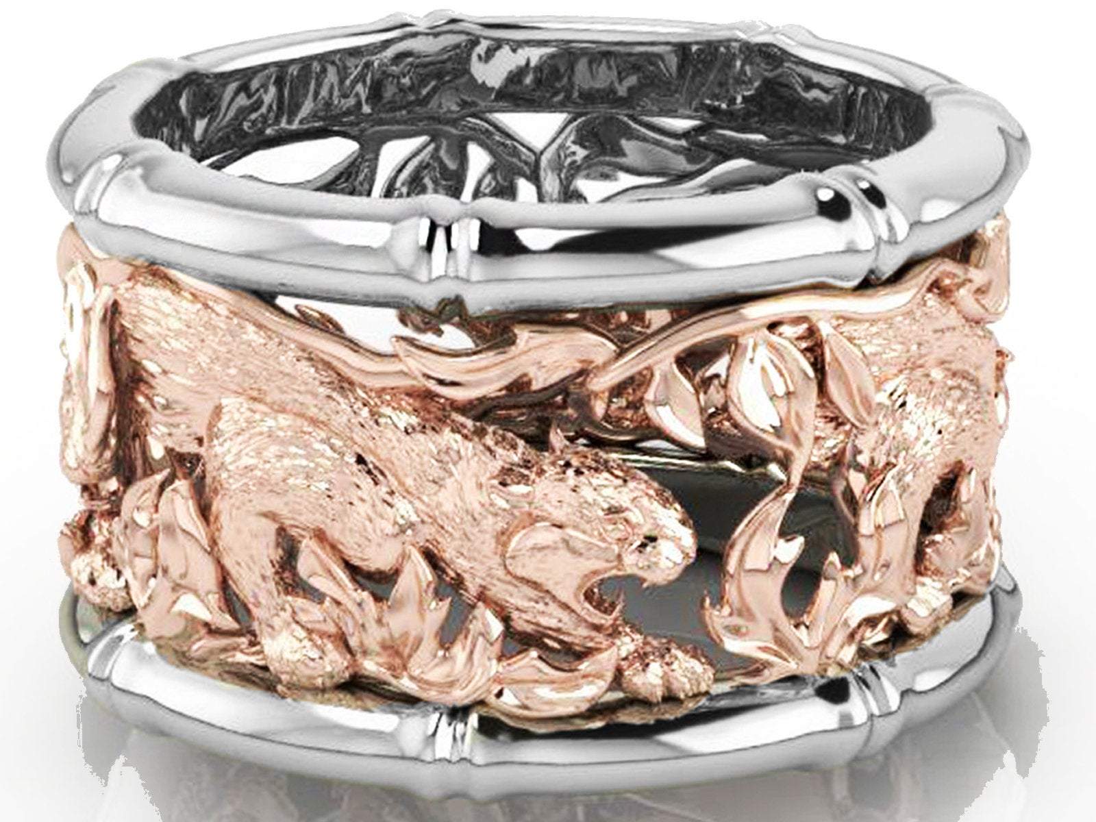 Tiger Men's Ring Band Wide Band 2 Tone Filigree Yellow & White gold - Lianne Jewelry