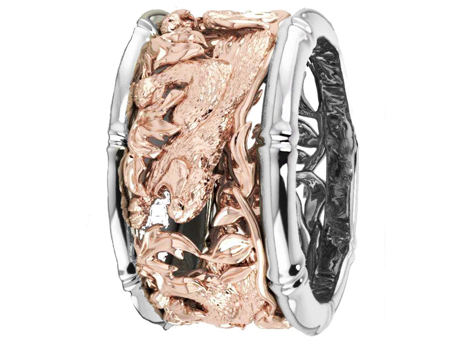 Tiger Men's Ring Band Wide Band 2 Tone Filigree Yellow & White gold