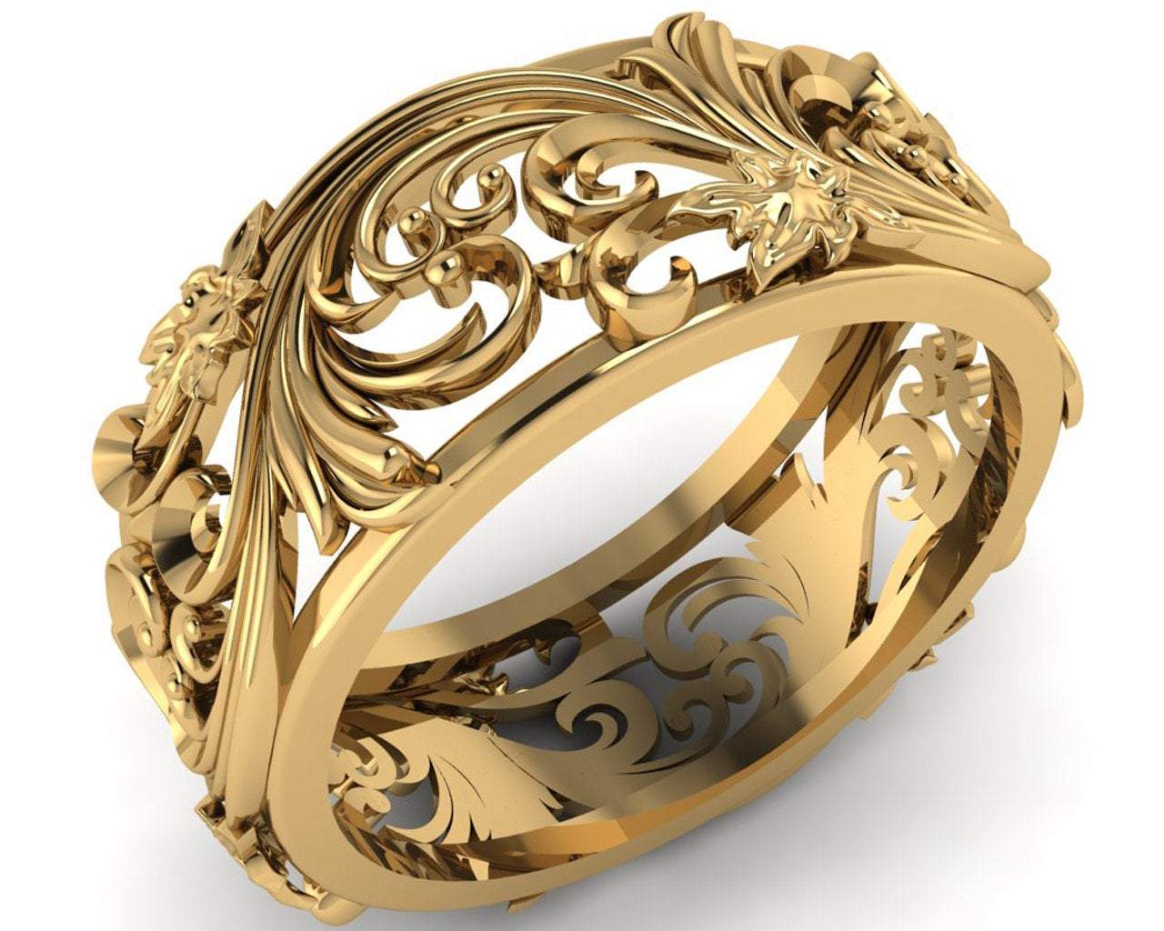 18K Unique Wedding Band Milgrain Band Filigree band Engraved Ring Flower Band Leaf Wedding Band Daughter Gift