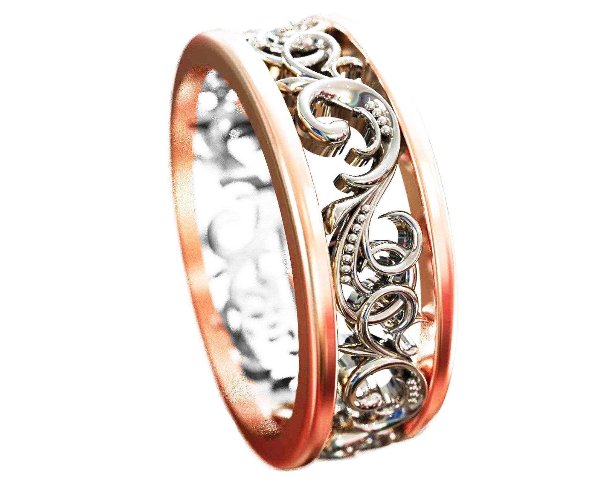 Gold Two Tone Wedding Band Celtic Band Floral Band Ornament Filigree Band Edwardian Ring