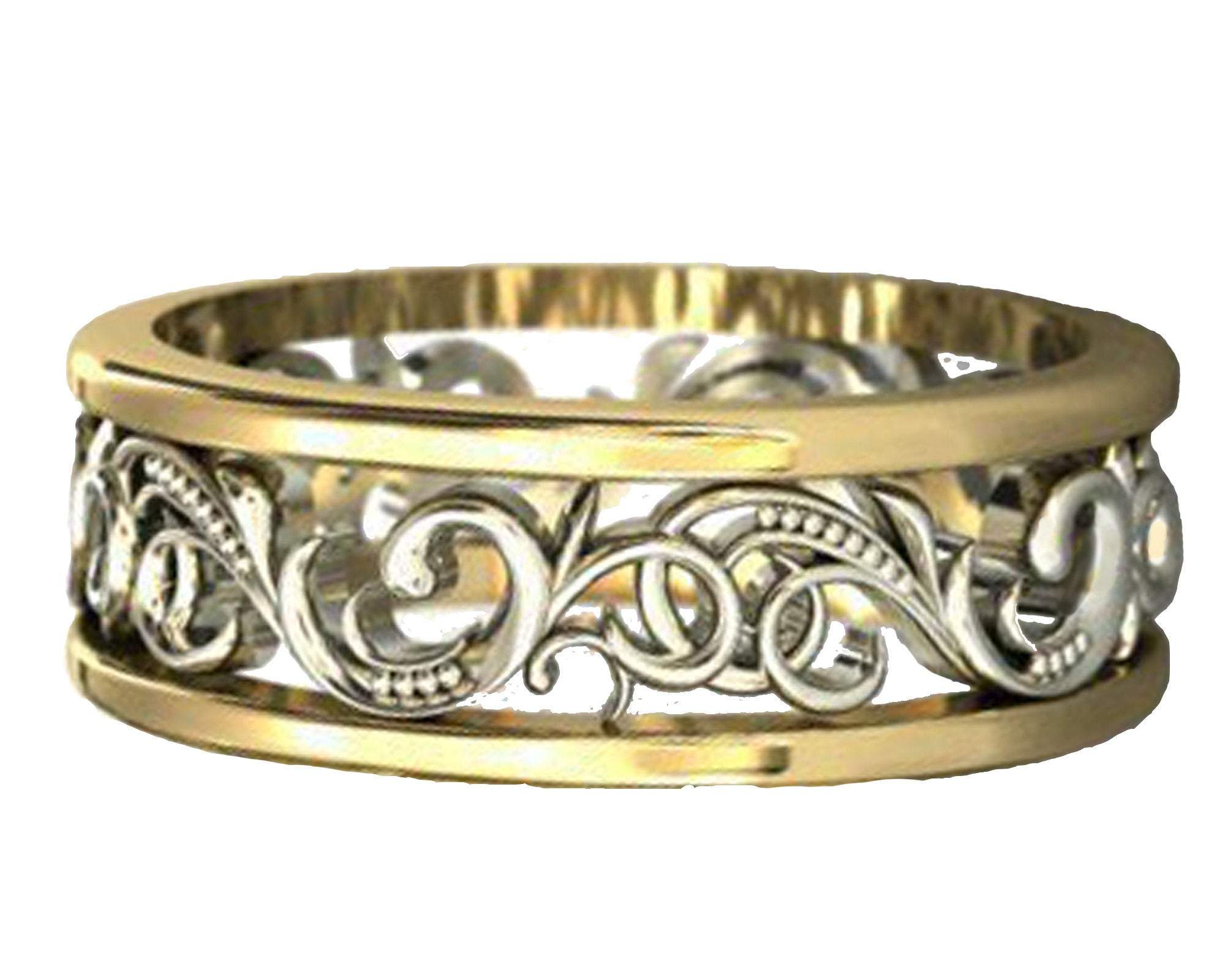 Rose Gold Ornament Band 2 Tone Anniversary Band Celtic Band Floral Band Filigree Band Edwardian Ring - Lianne Jewelry