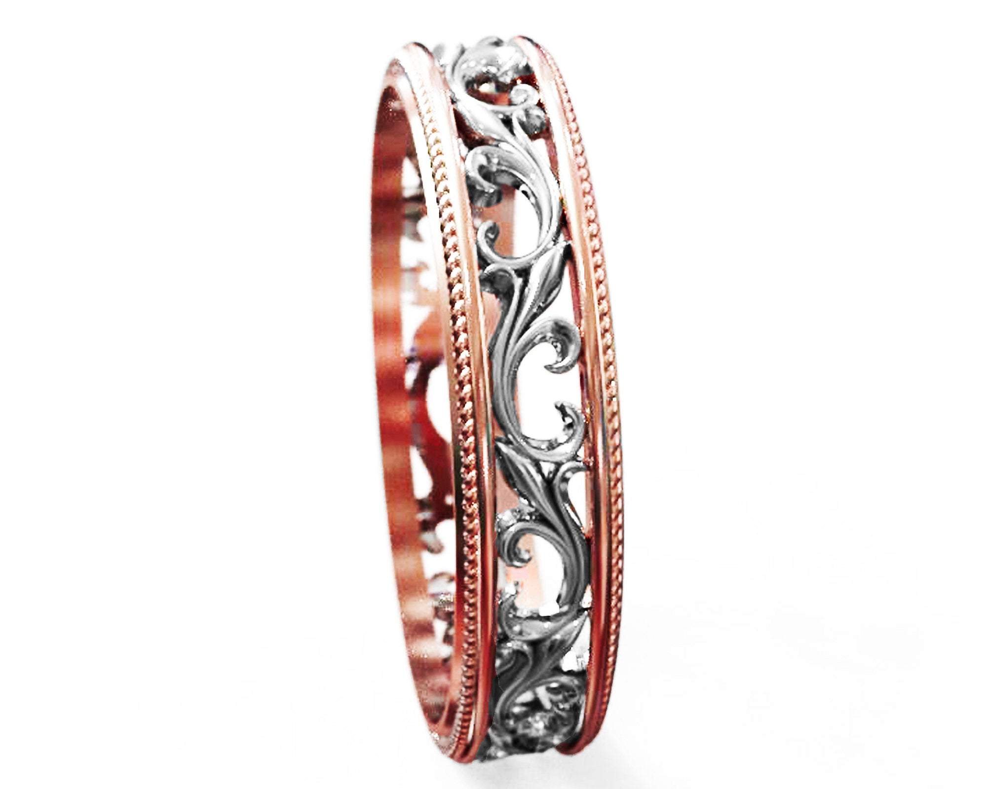 2 Tone Rose gold Floral Band Wedding band Celtic Band Botanical Band Ornament Filigree Band