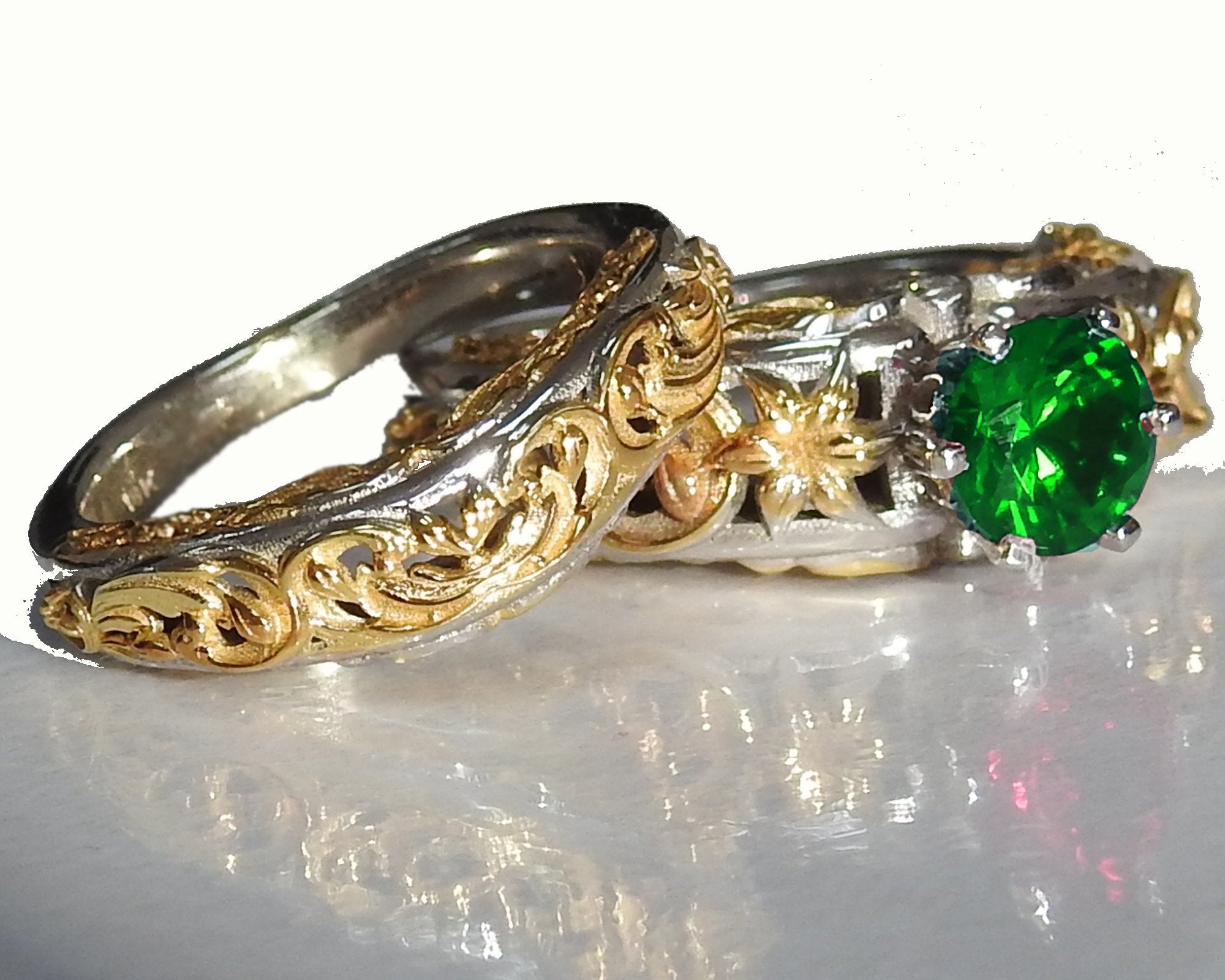 Ring Set Filigree Band 2 Tone Green Bridal Set Flower Set Ring Milgrain Band Ring Lab Emerald Art Nouveau unique wedding band