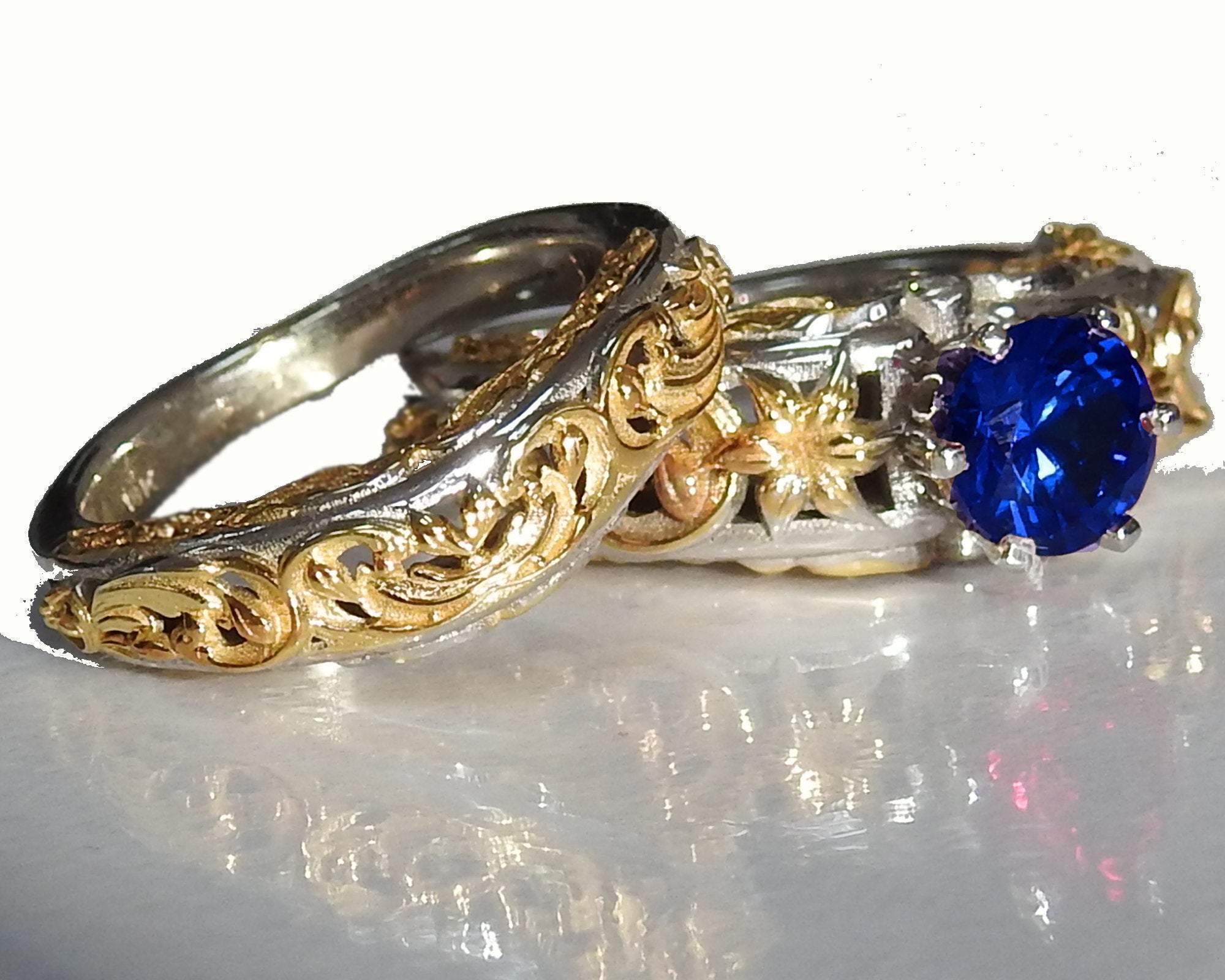 2 Tone Matching Ring Set Filigree Band Ring Blue Bridal Set Flower Set Ring Milgrain Band Ring Lab Sapphire Art Nouveau unique wedding band