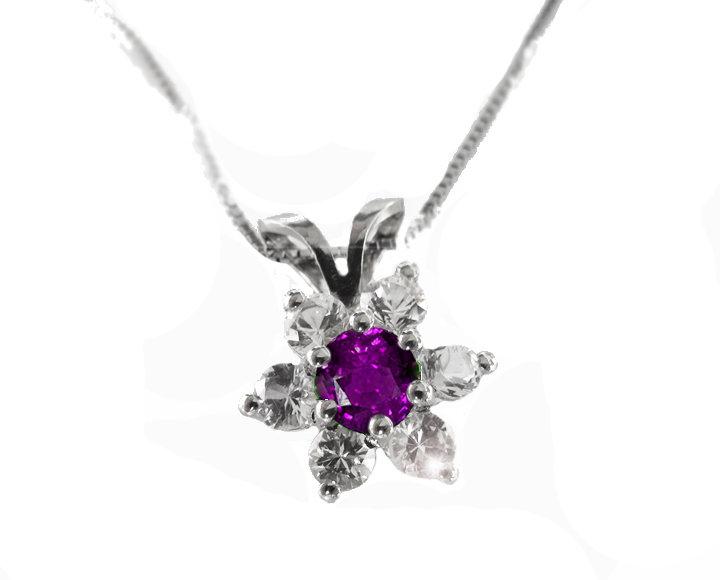 Amethyst Flower Pendant in 14K White gold, Including Venetian Box Chain 18 inches, 45cm Long Box chain, Gold Chain - Lianne Jewelry