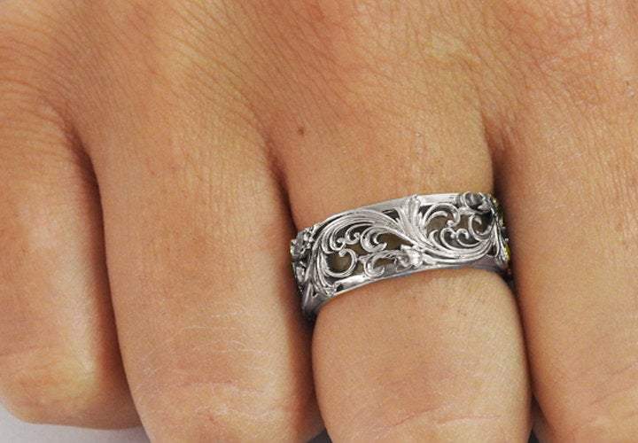18K White gold Flower Band Wedding Band Unique Botanical Jewelry, Leaves Band