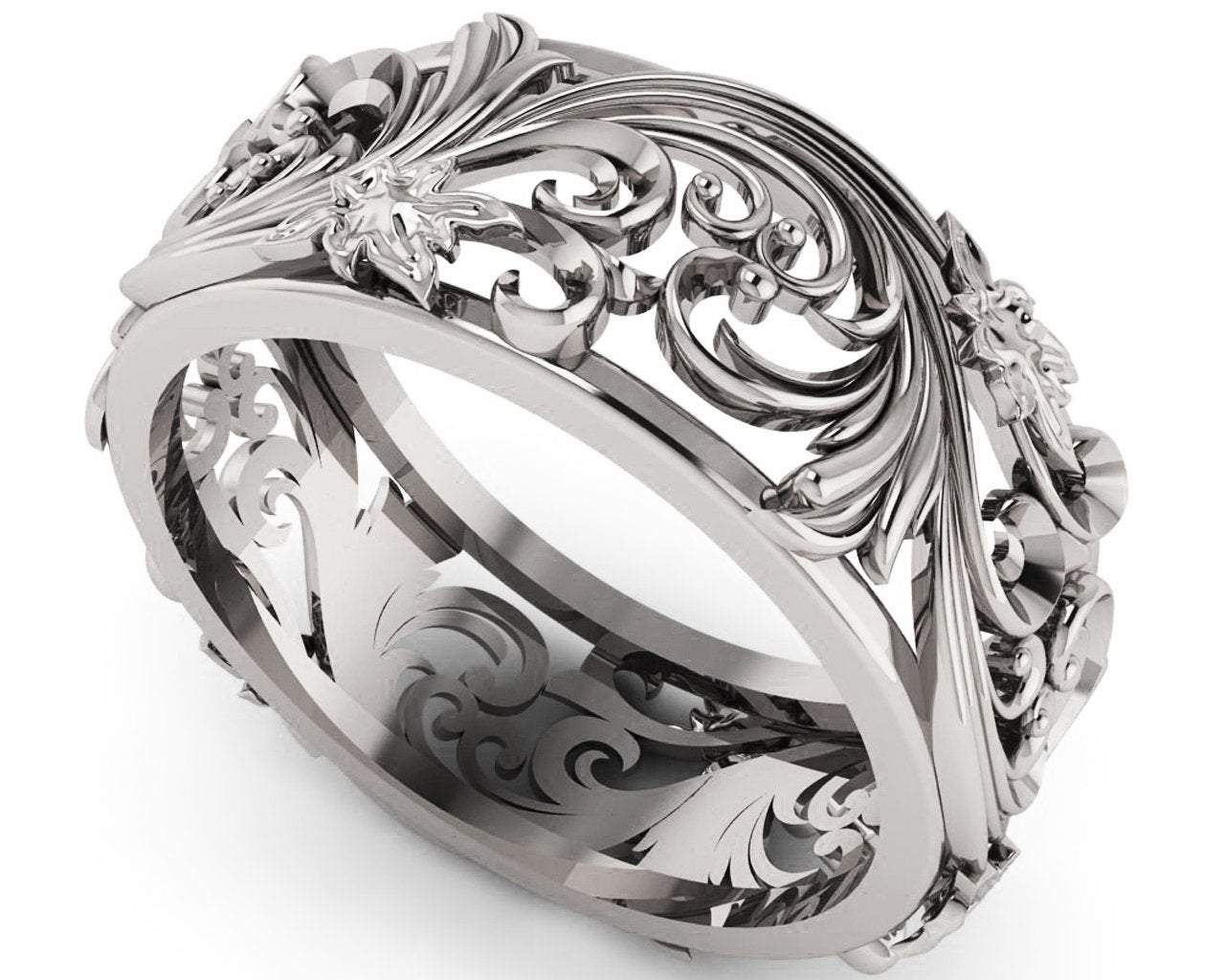 Silver Flower Band Wedding Band Unique Botanical Jewelry, Leaves Band