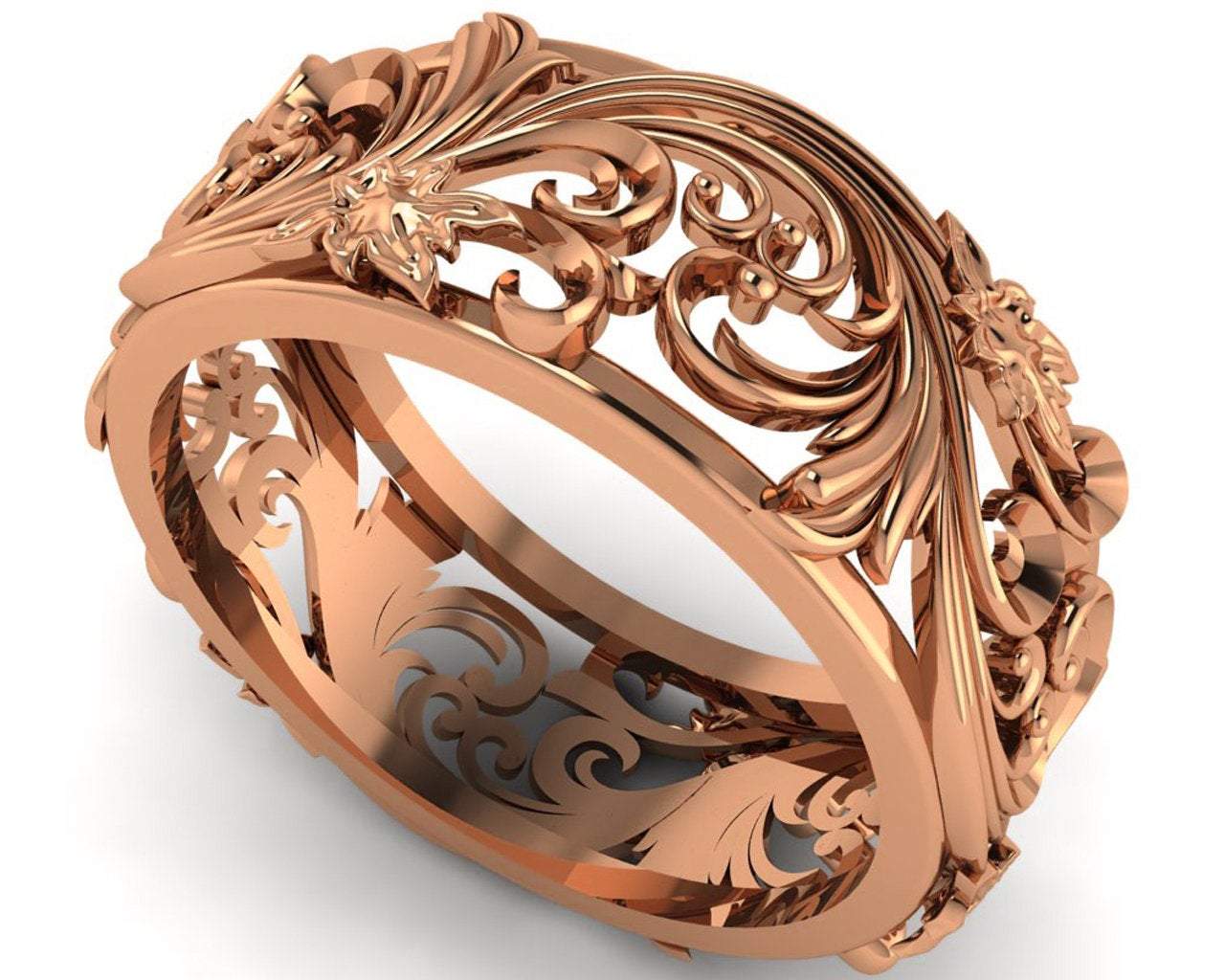 Rose gold Filigree Band 18K Leaves Band Wedding Band Milgrain Band Flower Jewelry