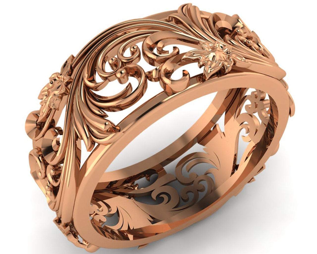 Rose gold Filigree Band 18K Leaves Band Wedding Band Milgrain Band Flower Jewelry