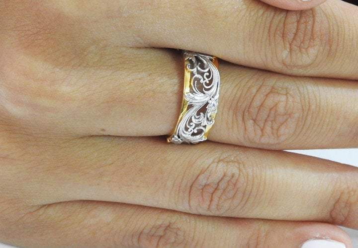 2 Tone Wedding Band Leaves 18K Gold Flower Band Milgrain Band Ring Promise Band