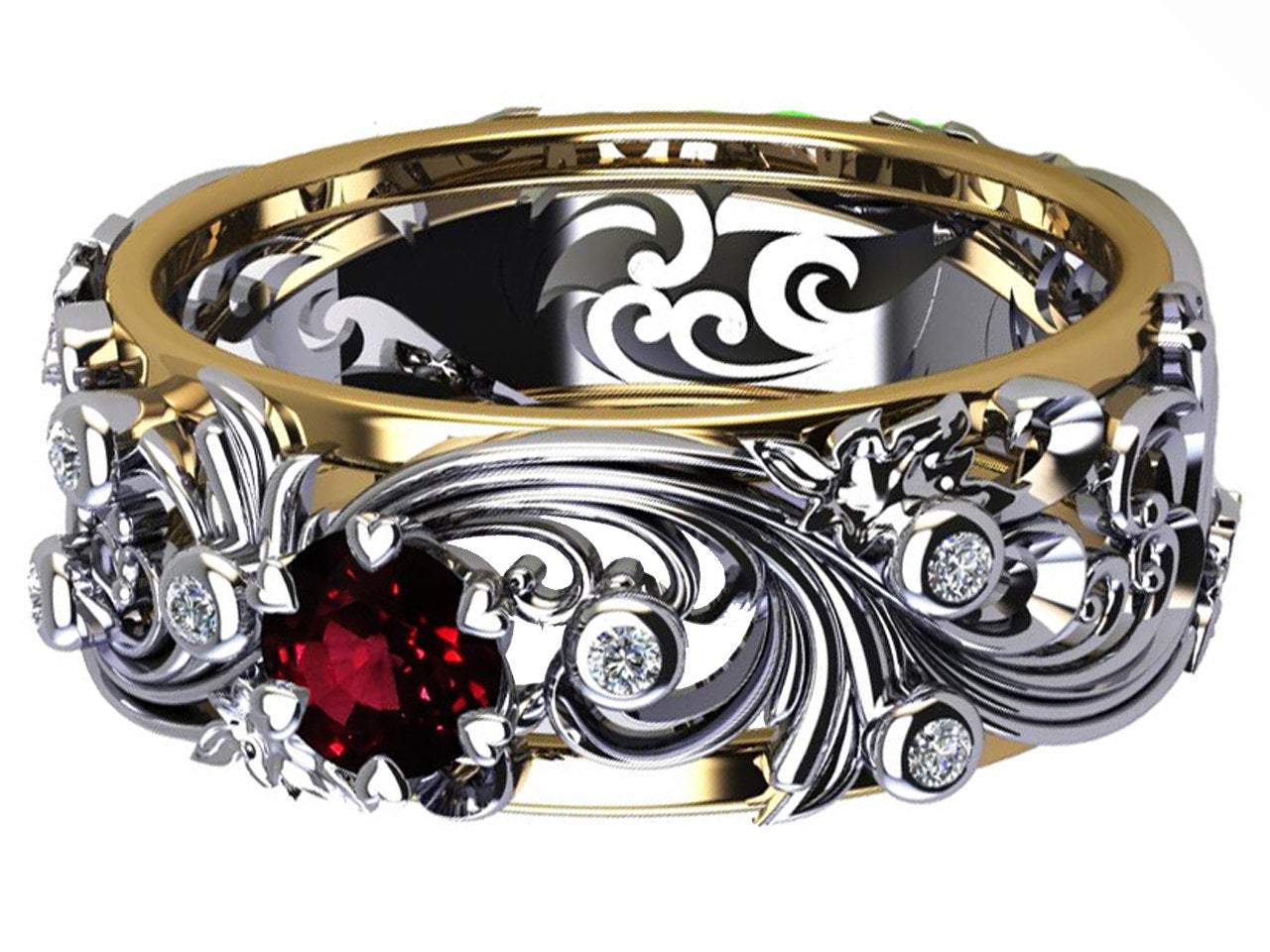 Ruby Leaves Band Silver 2 tone Wedding Band with Diamonds Filigree Flower Band - Lianne Jewelry