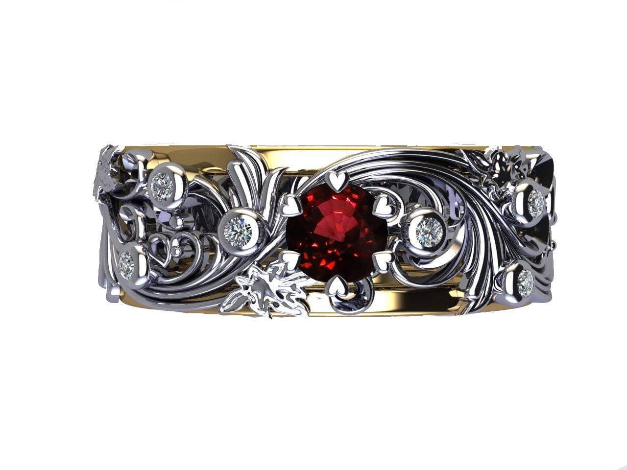 2 Tone 18K Ruby Leaves Band Wedding Band with Diamonds Filigree Floral Ring Jewelry - Lianne Jewelry
