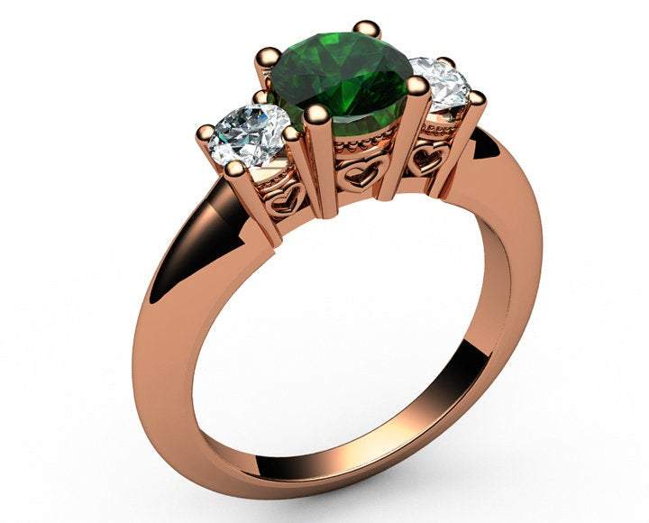 14K Gold Emerald 3 stone Ring, Unique Engagement Ring, Heart Filigree,  Promise Ring, Love Ring for Your Love One