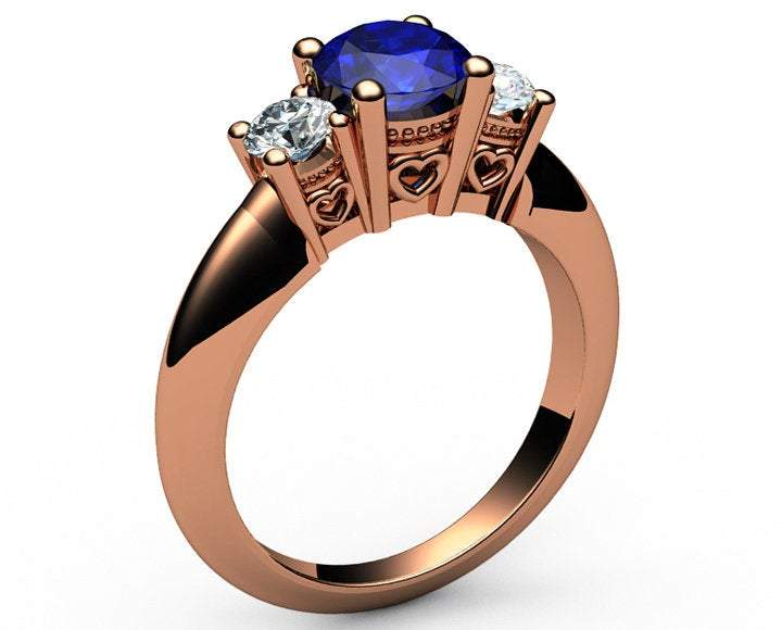 14K White 3 stone Sapphire Heart Filigree Ring Engagement Ring Gold Heart Milgrain Ring Promise Ring for Your Love One