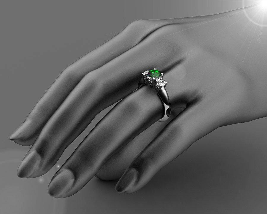14K White Gold Emerald Ring 3 stone Ring, Unique Engagement Ring, Heart Filigree, Promise Ring, Love Ring for Your Love One