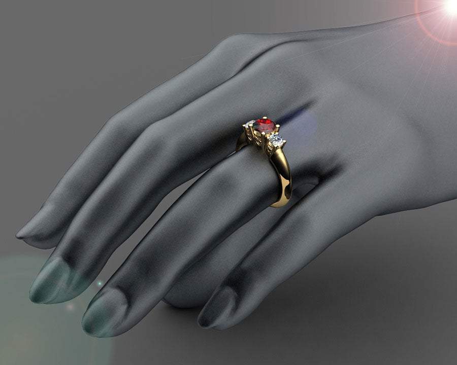 3 stone Heart Ruby Engagement Ring 14K Yellow gold Heart Filigree Ring Milgrain Ring Red Promise Ring for Your Love One