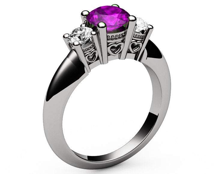 Heart Ring 3 stone Filigree Amethyst Heart Engagement Ring 14K White gold Heart Milgrain Ring Promise Ring for Your Love One - Lianne Jewelry