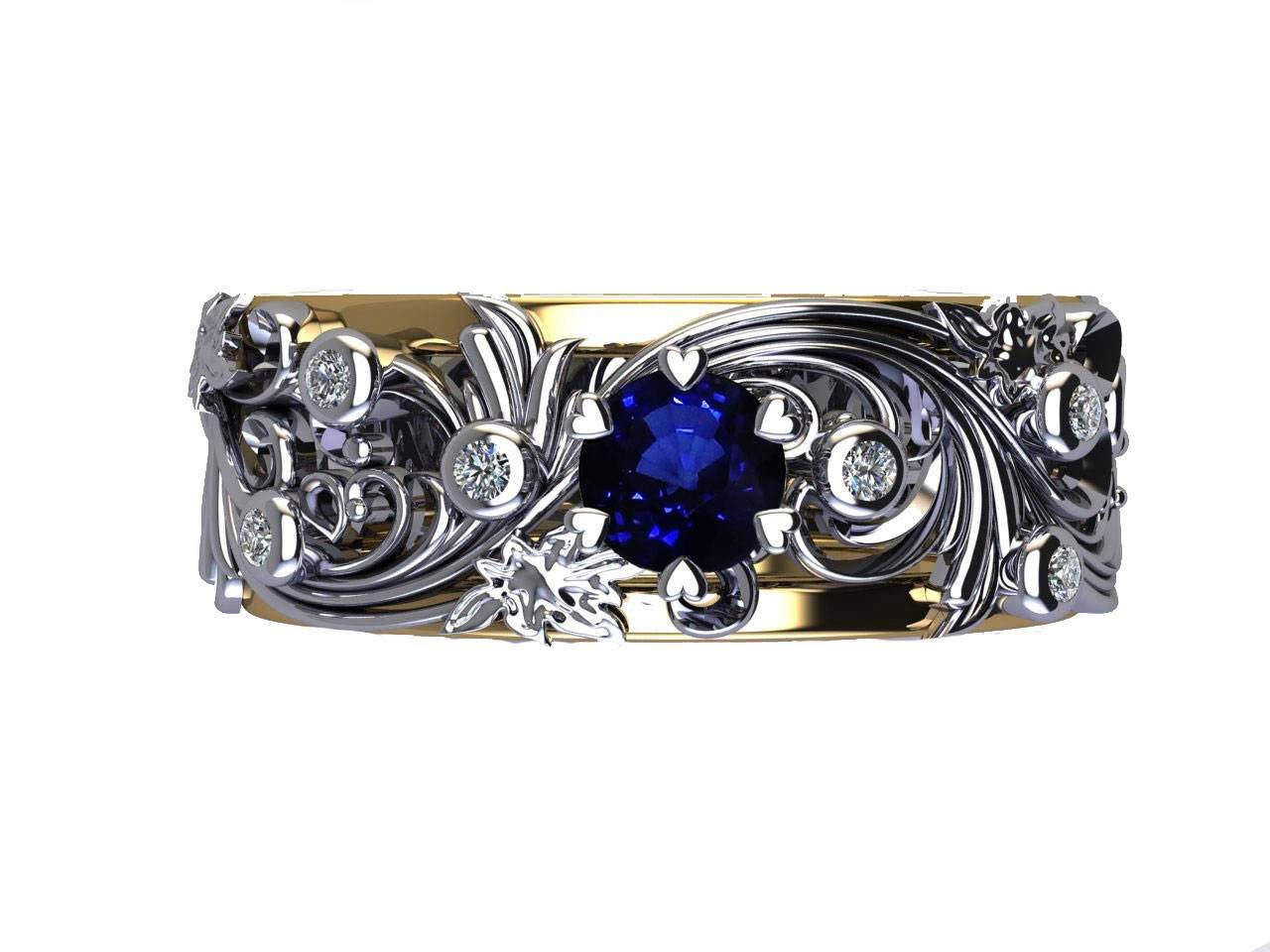 Gold ring Edwardian Sapphire ring Sapphire Ring Diamond Ring Milgrain Ring Art Nouveau unique Ring Engraved Ring Flower Band Leaves - Lianne Jewelry