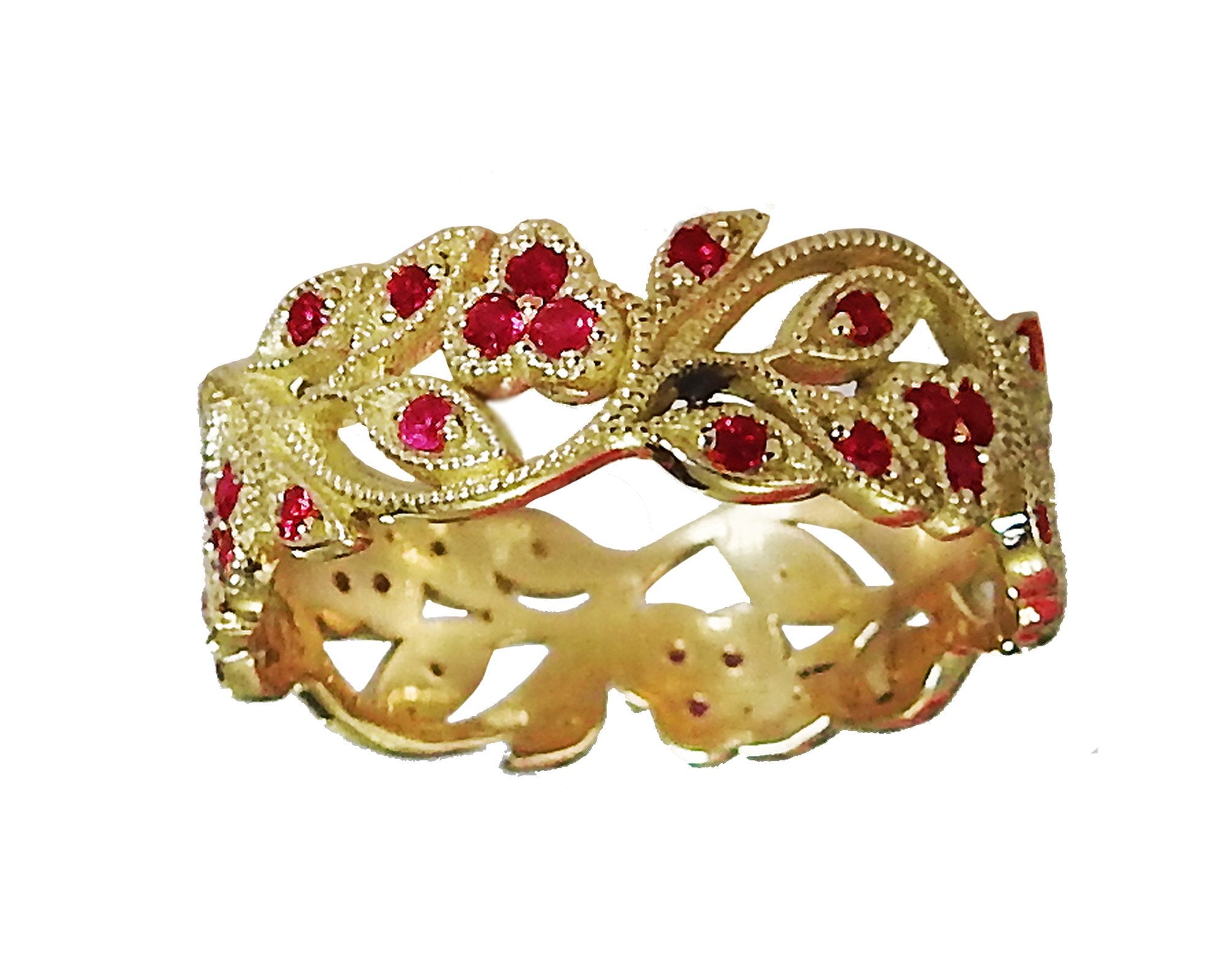Ruby Milgrain Floral Leaves Band 18K Yellow gold with Rubies Filigree Ring Twig Ring