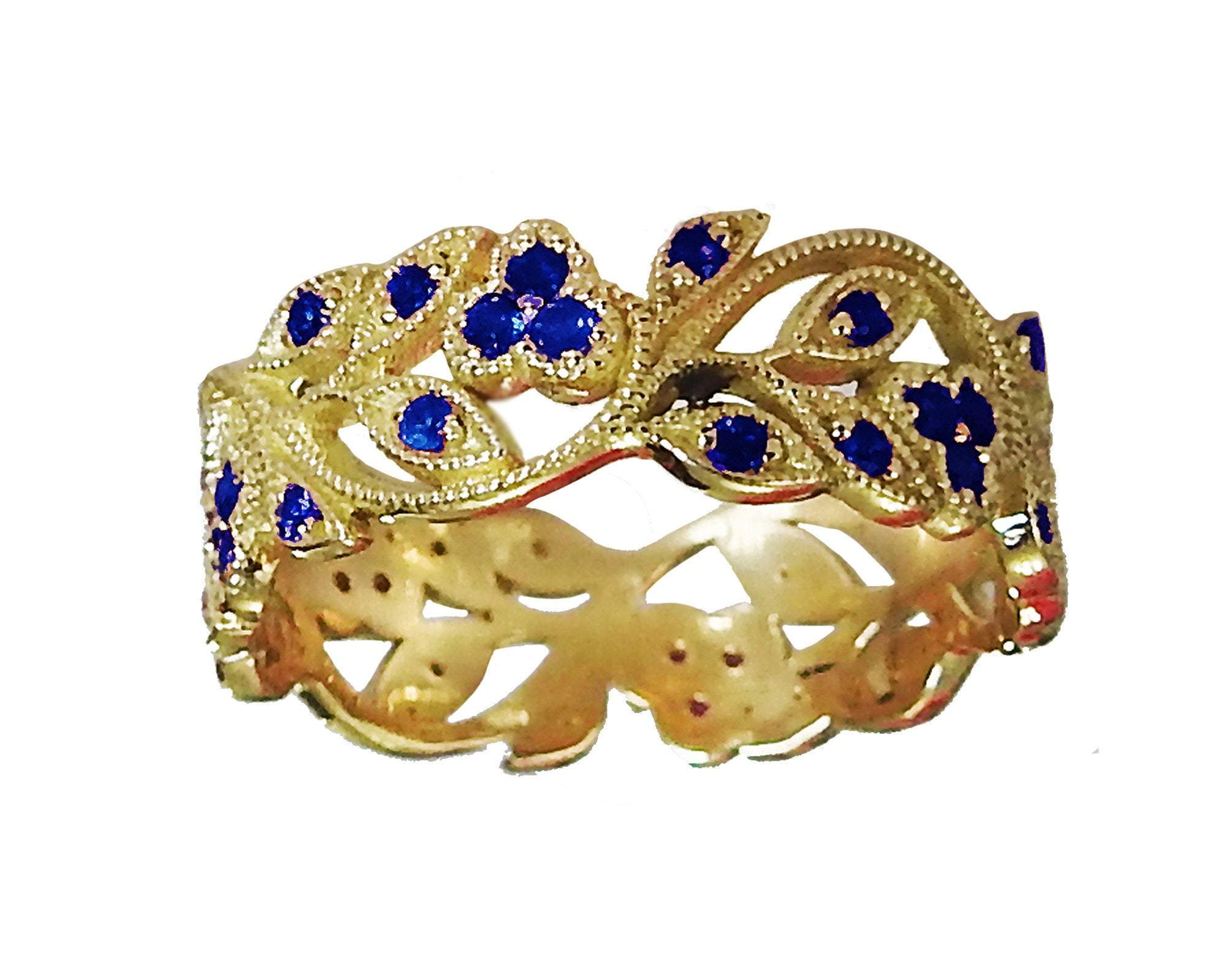 18K Yellow gold Leaves Band with 42 Sapphires Filigree Ring Milgrain Twig Ring - Lianne Jewelry