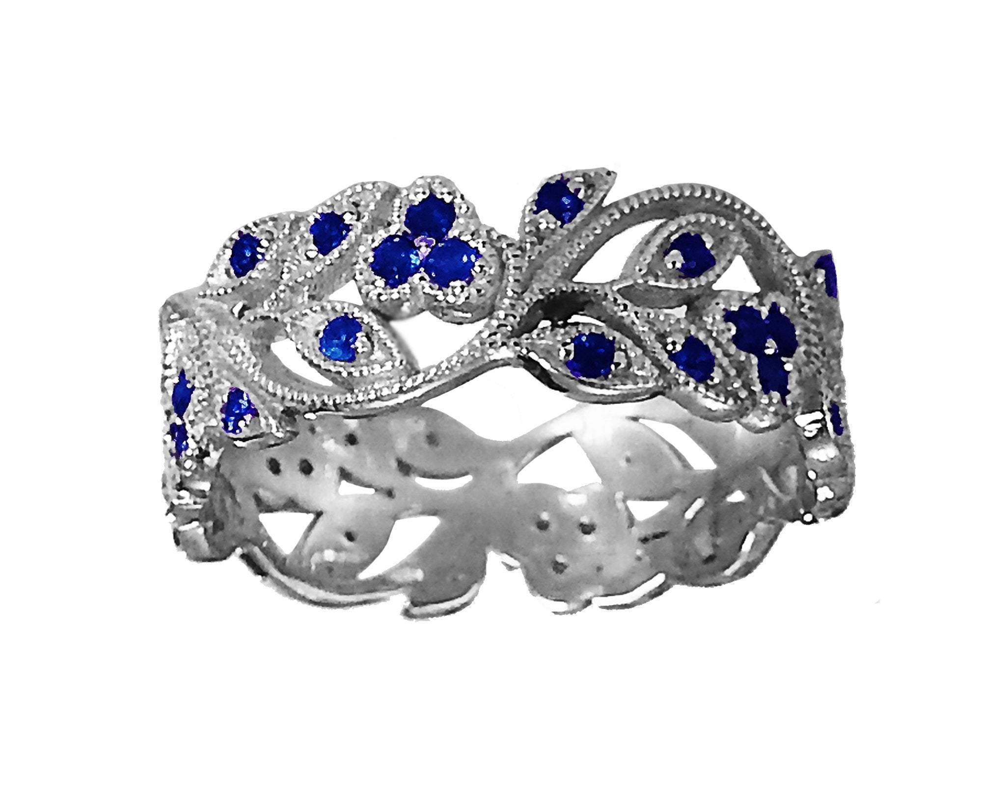 18K White gold Leaves Band with 42 Sapphires Filigree Ring Milgrain Twig Ring