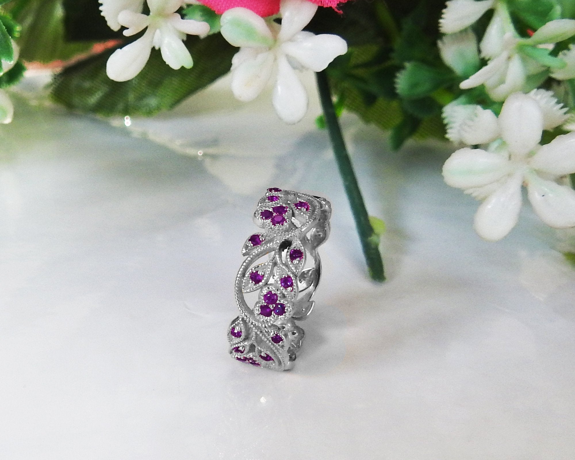 18K White gold Amethyst eaves Band Purple Filigree Ring Milgrain Twig Ring