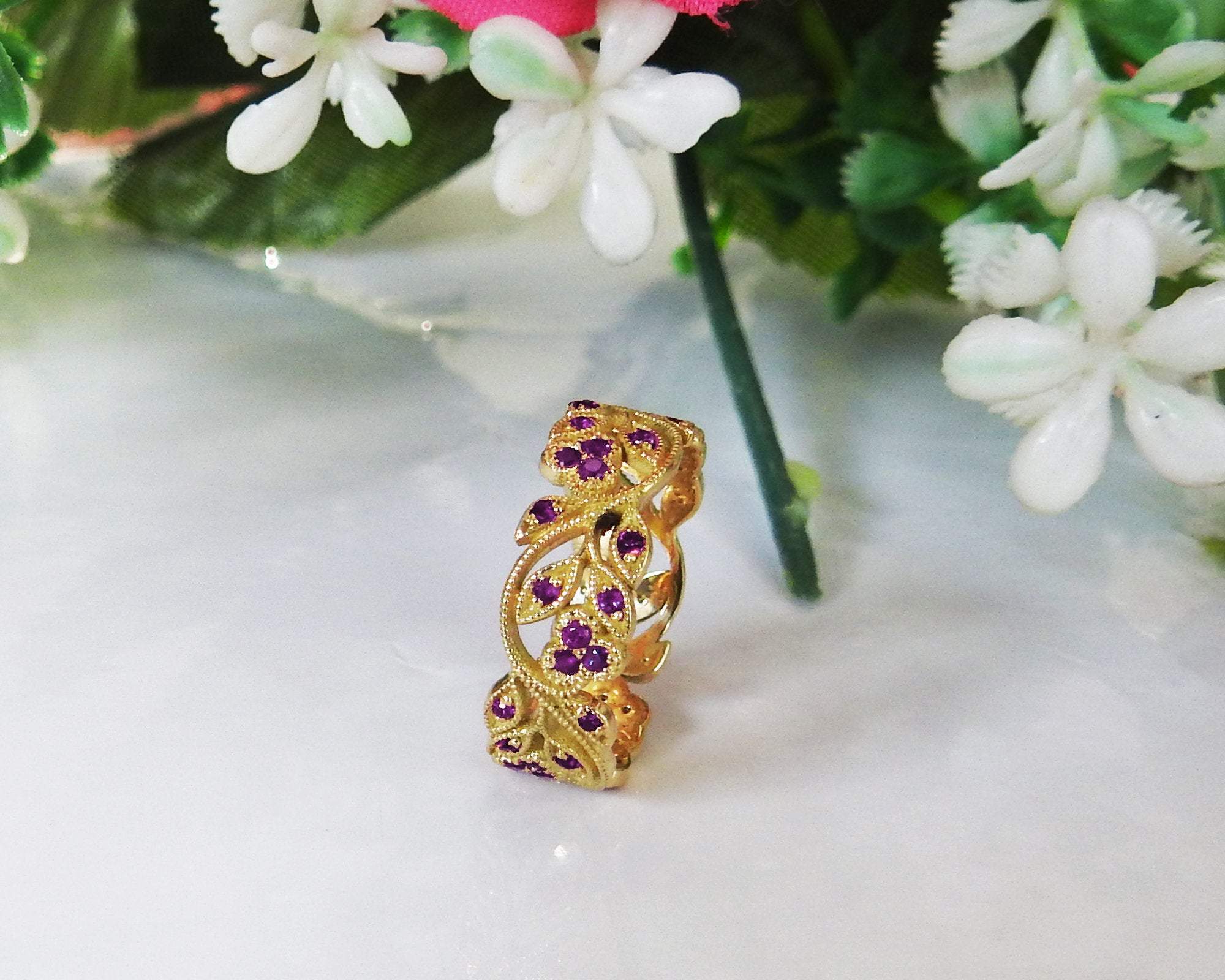 18K Yellow gold Amethyst eaves Band Purple Filigree Ring Milgrain Twig Ring