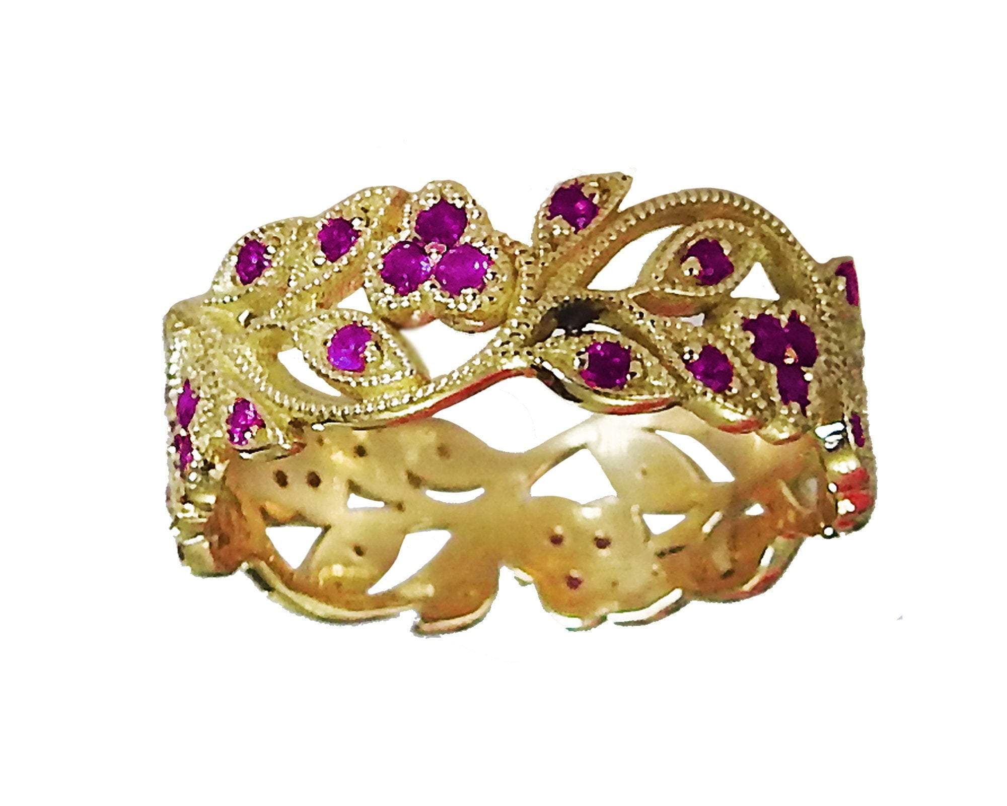 18K Yellow gold Amethyst eaves Band Purple Filigree Ring Milgrain Twig Ring - Lianne Jewelry