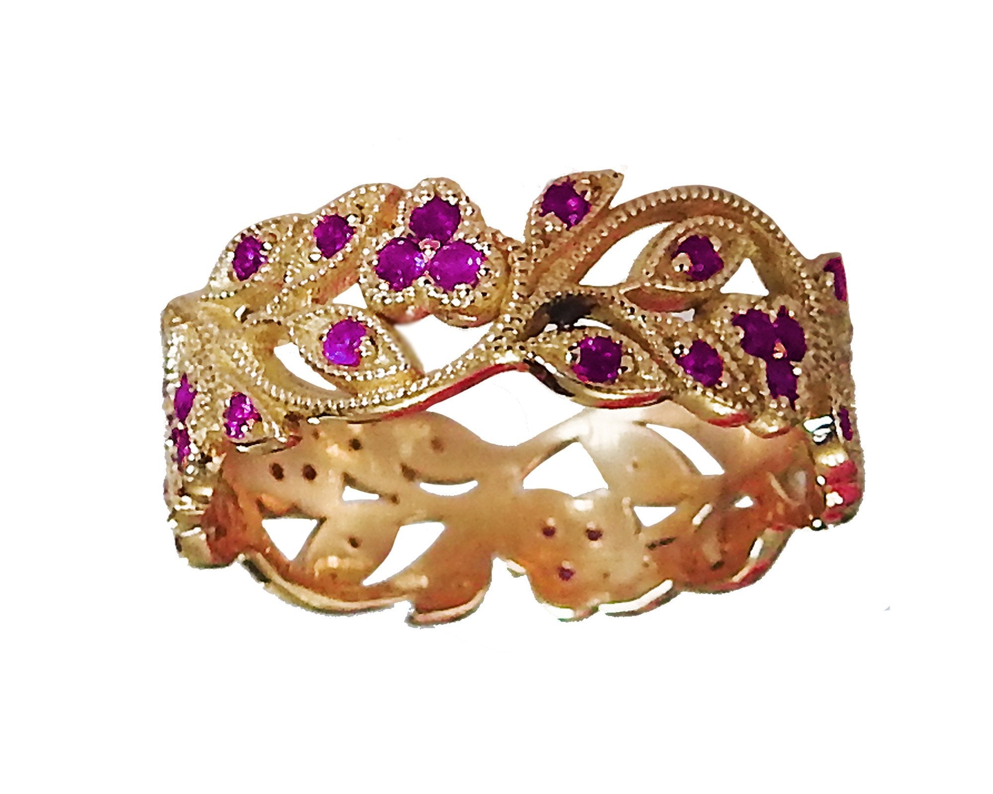 Purple Filigree Leaves Band 18K Rose gold Amethyst Milgrain Twig Ring Gift for Her - Lianne Jewelry