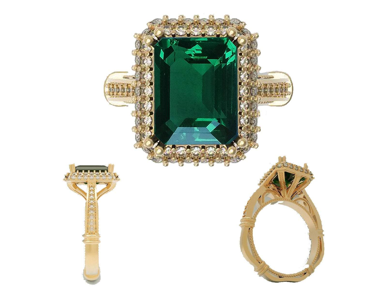Emerald Engagement Ring Milgrain Pave Diamond all around Halo Emerald Ring 18K Solid Gold Diana Ring Vintage Style Emerald May Birthstone