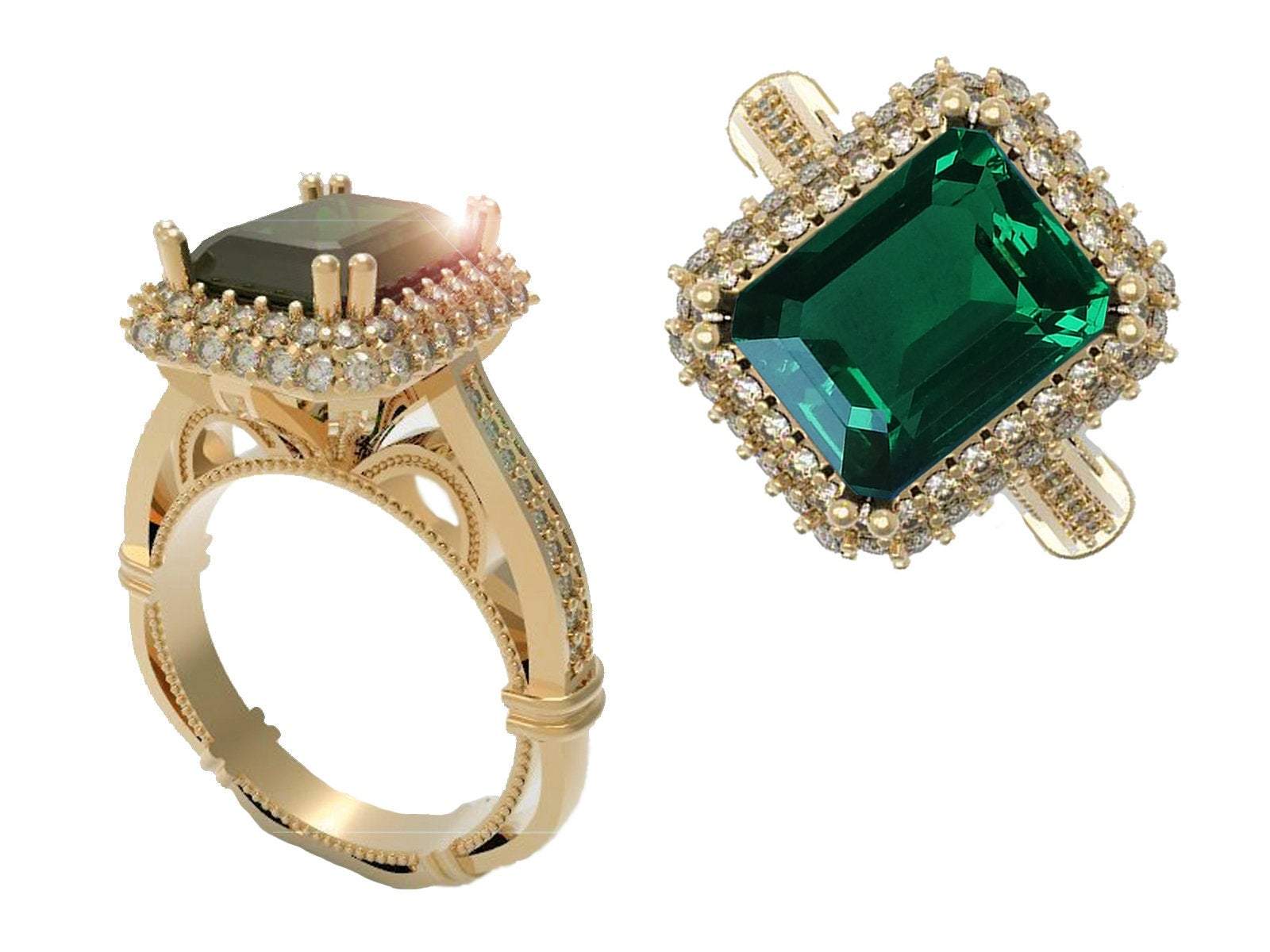 Emerald Engagement Ring Milgrain Pave Diamond all around Halo Emerald Ring 18K Solid Gold Diana Ring Vintage Style Emerald May Birthstone