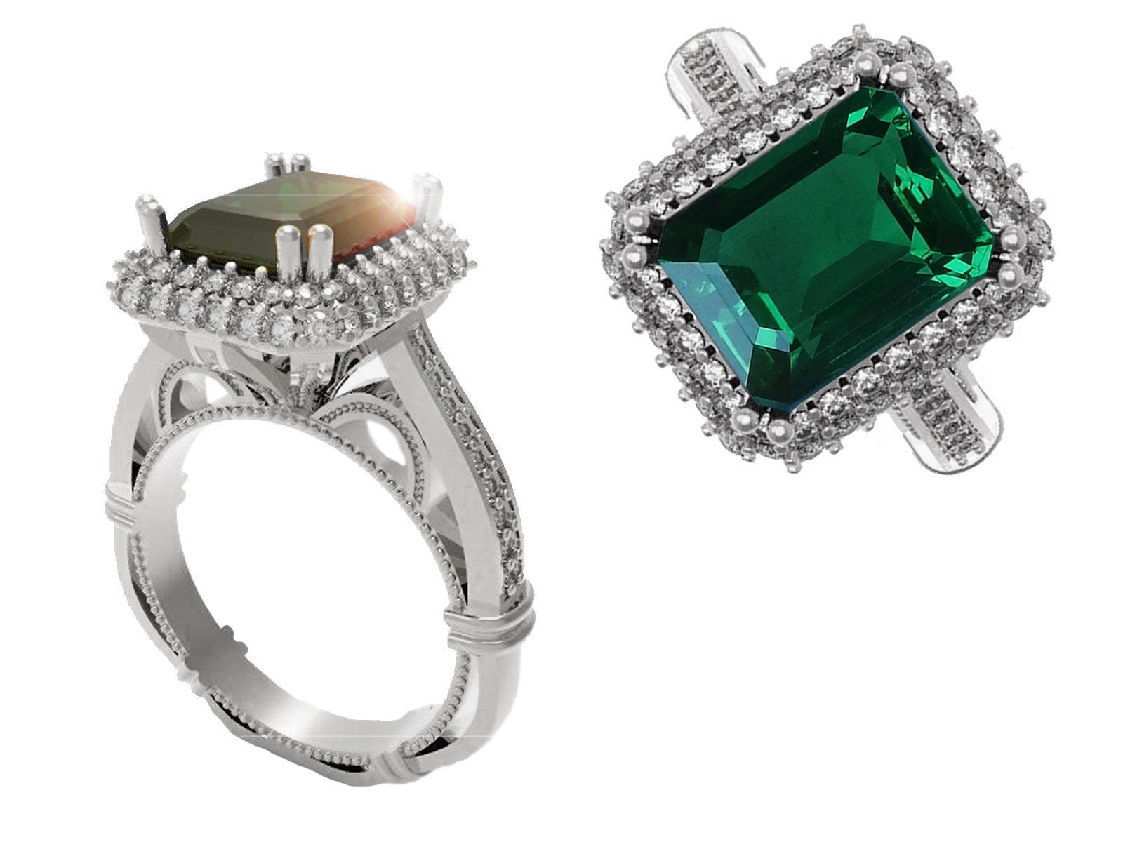 18K White Gold Emerald Engagement Ring Milgrain Pave Diamond all around Halo Emerald Ring Gold Ring Vintage Style Emerald May Birthstone