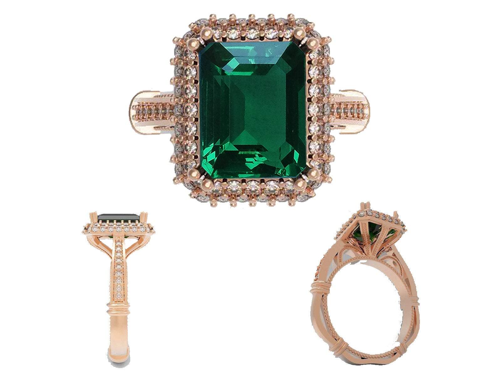 18K Rose Gold Emerald Emerald cut Engagement Ring surrounded with Diamonds