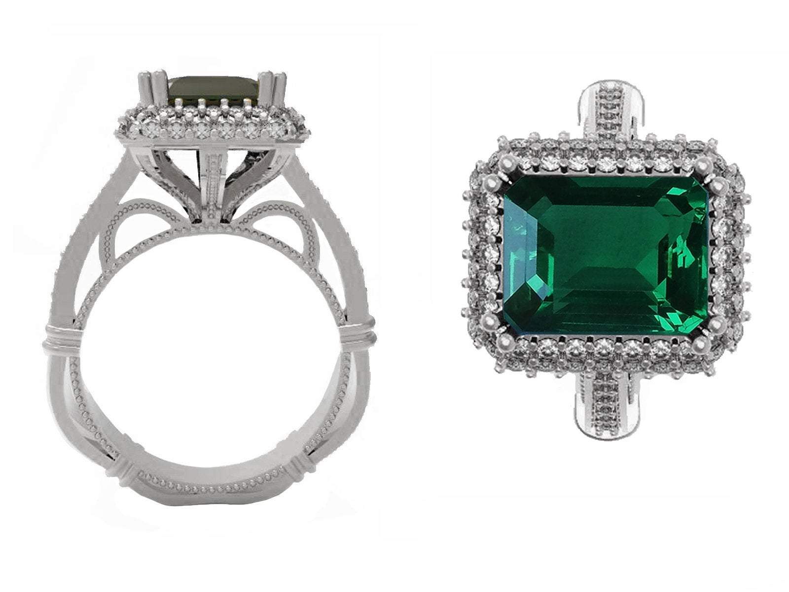 Emerald Engagement Ring Milgrain Pave Diamond all around Halo Emerald Ring Silver Ring Vintage Style Emerald May Birthstone