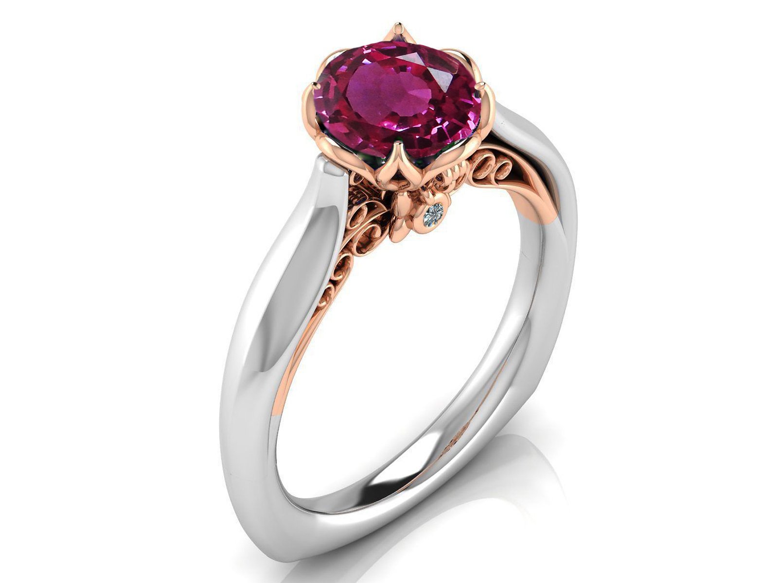 2 Tone Pink Sapphire Engagement Ring Milgrain Solitaire Ring 18K Solid Gold Contour Filigree Vintage Style - Lianne Jewelry