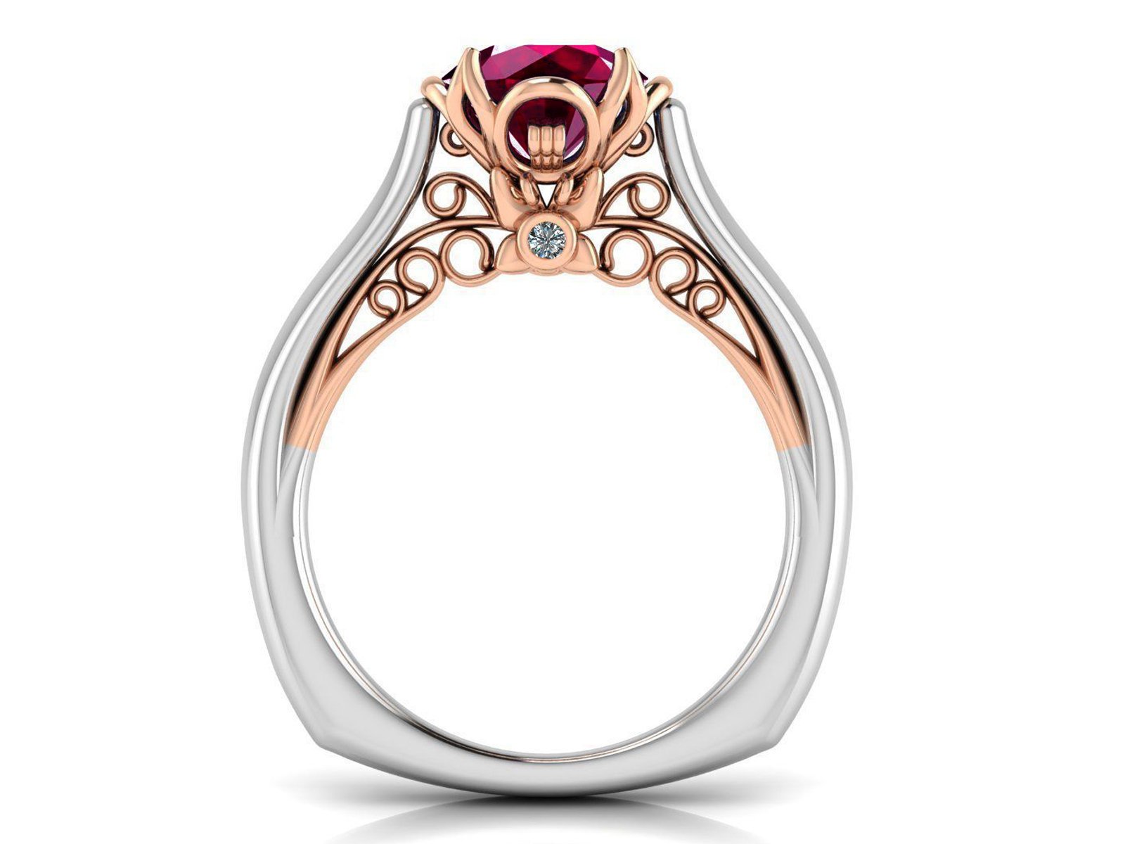 2 Tone Pink Sapphire Engagement Ring Milgrain Solitaire Ring 18K Solid Gold Contour Filigree Vintage Style