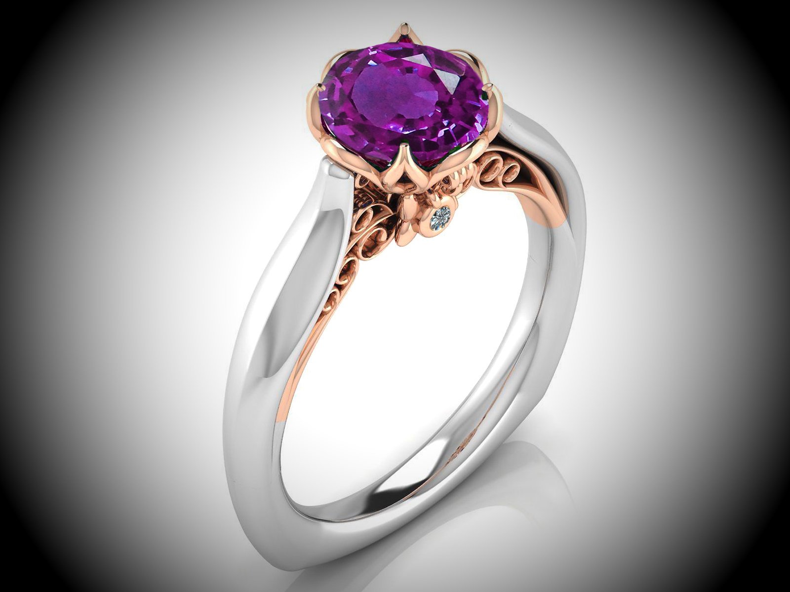 2 Tone Amethyst Engagement Ring Milgrain Solitaire Ring 18K Solid Gold Contour Filigree Vintage Style