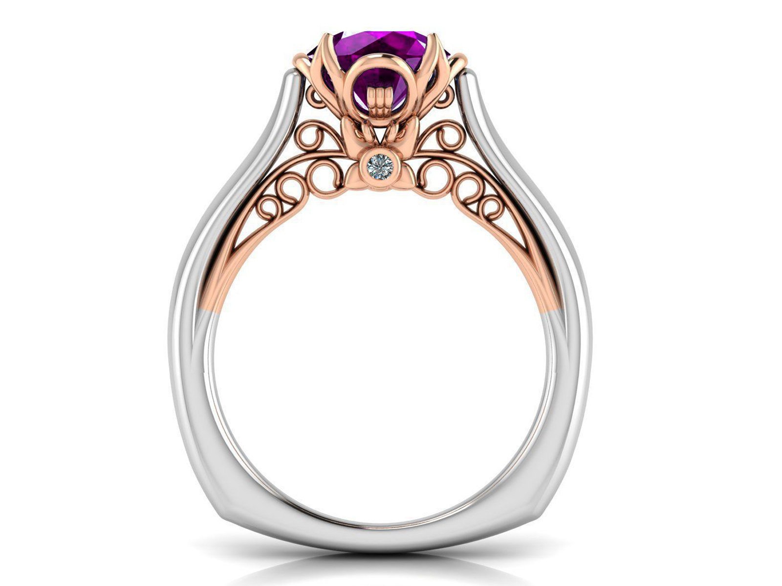 2 Tone Amethyst Engagement Ring Milgrain Solitaire Ring 18K Solid Gold Contour Filigree Vintage Style