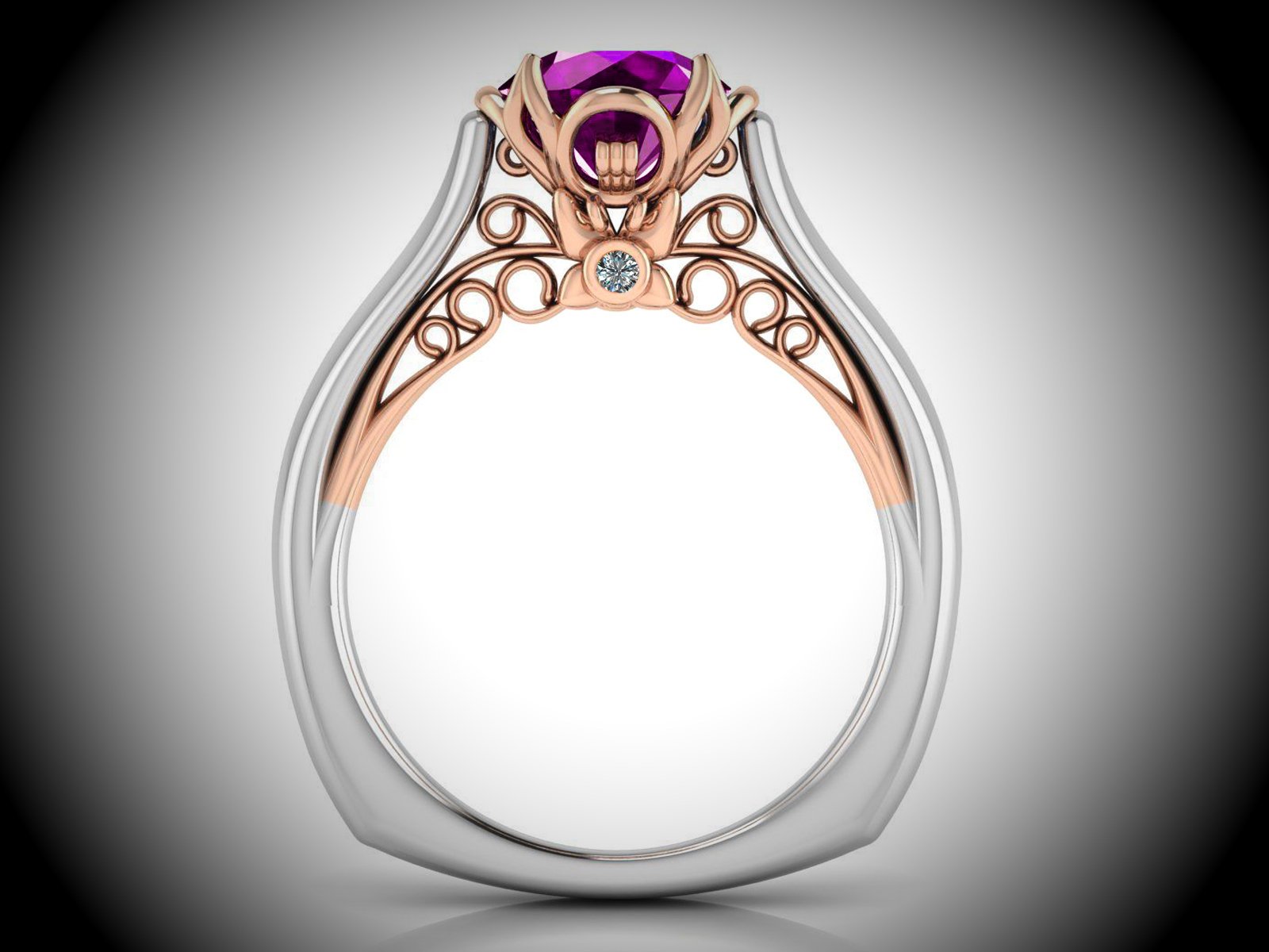 2 Tone Amethyst Engagement Ring Milgrain Solitaire Ring 18K Solid Gold Contour Filigree Vintage Style