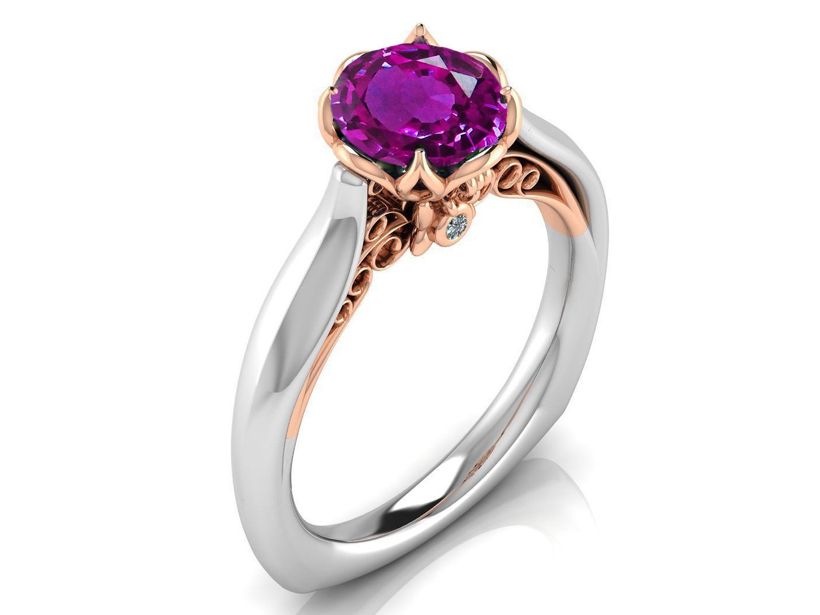 2 Tone Amethyst Engagement Ring Milgrain Solitaire Ring 18K Solid Gold Contour Filigree Vintage Style - Lianne Jewelry